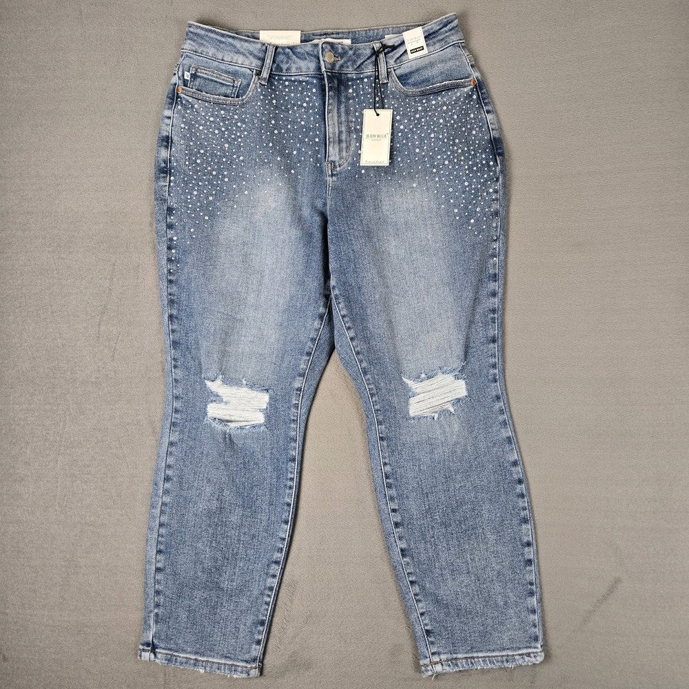 Judy Blue Slim Fit Jeans Womens 16W High Waist Rhinestones W/Destroyed JB88565
